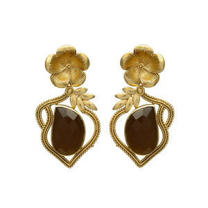 ต่างหูห้อยดีไซน์ดอกไม้ชุบทองแบบใหม่ ประดับด้วยพลอยโมนาลิซ่าสีน้ำตาล ต่างหูทองเหลืองสำหรับผู้หญิงและเด็กผู้หญิง - Product Image 1