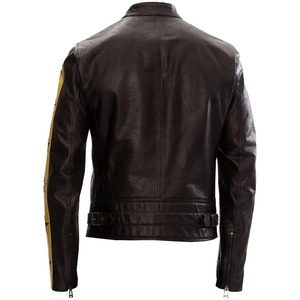 Blouson en cuir marron et jaune pour homme 2026 ONEAPEX INTERNATIONAL Style course moto avec rayures étoilées et fermeture éclair avant - Product Image 2