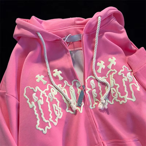 Venta al por mayor de gran tamaño Puff impresión cremallera Sudadera con capucha para las mujeres de la moda de la marca 3D burbuja carta personalizada pesada de algodón polar 100% algodón - Product Image 4