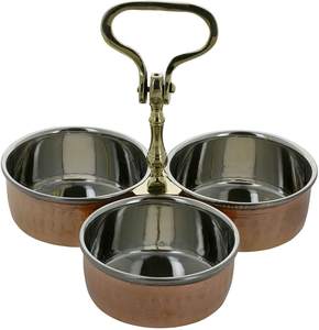 3 Compartment Top Quality Stainless Steel Silver Shiny Polished And Brass Antique Finished Food Serving Bowls Table Centerpiece - Product Image 1