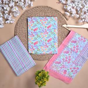 Costume en pur coton à imprimé floral bleu clair non cousu avec coton Dupatta (SHKS1134) - Product Image 1