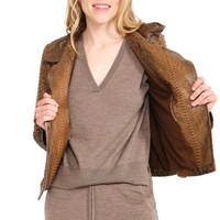 Nouvelle veste en cuir de python marron pour femme, veste de motard en cuir gaufré à imprimé serpent avec fausse fourrure, ODM personnalisé 2026