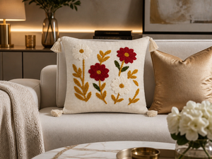 Custom Handmade Eco-Friendly Cotton Embroidered Floral Cushion with Insert All-Season <b>Throw</b> Pillow with <b>Tassels</b> for Home Decor - Product Image 1