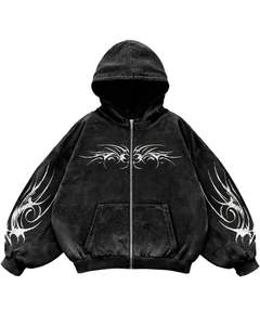 Sweat à capuche zippé noir délavé à l'acide avec imprimé tribal gothique blanc, streetwear surdimensionné pour femmes, veste en molleton de coton - Product Image 1
