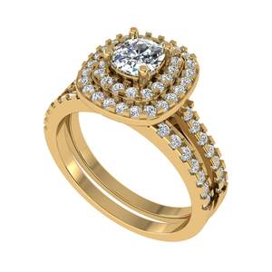 Anillo de Diamante Cultivado en Laboratorio con Corte Cojín y Doble Halo, Diseño de Vástago Dividido, Elaborado en Oro Amarillo de 10K para Mujer - Product Image 2