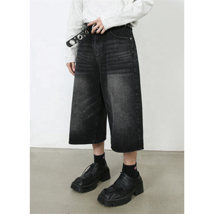 Shorts en jean lourds pour hommes, coupe ample et droite, style streetwear, jambe large, taille mi-haute, délavage vintage, noir, haute qualité, vente en gros - Product Image 3