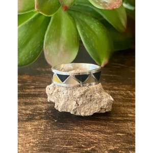 Navajo Handmade <b>Ring</b> Multi-Stone Sterling Silver Inlay Geometric Pattern <b>Opal</b> Pearl Platinum Rhodium Size 8.75 Everyday Wear - Product Image 1