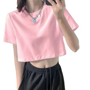 เสื้อยืดเอวลอยสำหรับผู้หญิงคอกลมระบายอากาศสวมใส่สบายสีพื้นลำลองเล่นกีฬาแบบสั้นฤดูร้อน - Product Image 1