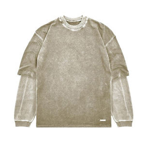 Camiseta de Manga Larga al por Mayor, Estilo Vintage, Doble Capa, Patchwork, Personalizable con Logotipo, Casual, Lavada al Ácido, para Hombre, Alta Calidad - Product Image 3