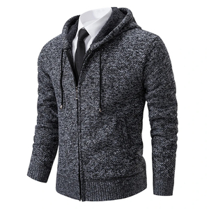 Sudadera con capucha de lana con cremallera a la moda para hombre, suéter de punto grueso informal de negocios a la moda, chaqueta forrada, diseño sólido - Product Image 3