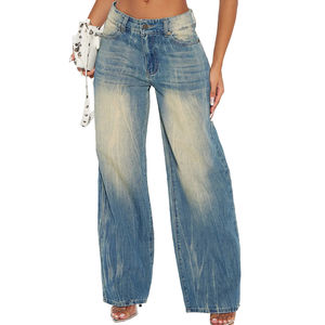 Best Factory Rate High Quality <b>Women's</b> Mid-Rise Dark Washed Denim Pants Casual Wear Tinted <b>Baggy</b> Loose Fit <b>Jeans</b> for Winter Flat - Product Image 1