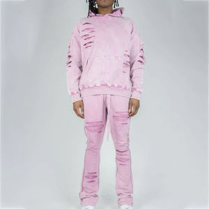 Mens Washed Distressed Tracksuit Casual Two Piece Set with Hoodie and Sweatpants Made Pakistan - Product Image 1