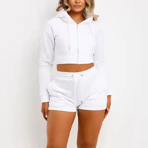 Ensemble confortable de survêtement pour femme en 2 pièces, sweat à capuche et short à fermeture éclair, 100% coton, style streetwear - Product Image 2