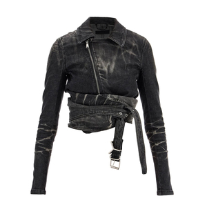 แจ็กเก็ตยีนส์มีซิปสำหรับผู้หญิงสีดำวินเทจออกแบบได้ตามต้องการเสื้อคลุมลำลองคุณภาพระดับพรีเมียมเข็มขัดด้านหน้าปัก Y2K ผ้าฝ้าย - Product Image 1