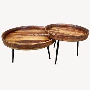 Ensemble de 2 tables basses rondes en bois massif, style mid-century moderne, meubles de salon, pieds en métal, Jangid Art & Crafts - Product Image 2