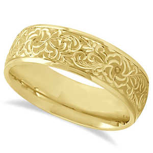 Anillo de Boda Vintage de Oro Amarillo de 18K con Diseño Floral Grabado a Mano, Banda Ancha de 7mm con Incrustaciones de Circonita y Baño de Rodio - Product Image 2