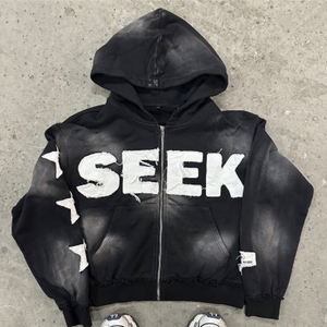 Personnalisé lavé à l'acide en détresse soleil fané brodé Patch poids lourd surdimensionné sweat-shirt ensemble 100% coton fermeture éclair à capuche hiver - Product Image 1