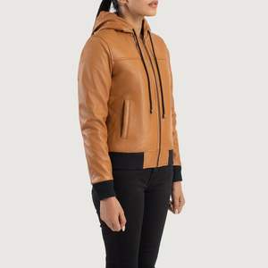 Chaqueta bomber de cuero con capucha marrón de alta calidad personalizada con cuello levantado, posición de logotipo frontal de fabricación OEM profesional de invierno - Product Image 3