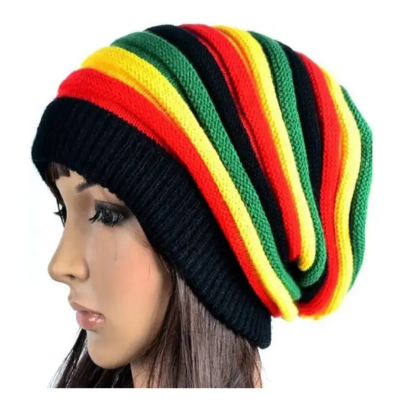 Topi Rasta Jamaika, Beanie Slouchy bergaris banyak warna reggae gratis topi rasta penutup kepala pola crochet