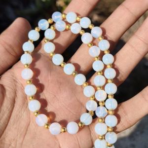 Opalite 8mm Beads Sterling Silver Statement Necklace Natural Glow <b>Simple</b> Minimalist Wedding Gift for Women - Product Image 4