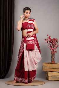 Sur mesure couleur rouge foncé main bloc Bagru imprimé doux Malmal coton Saree avec chemisier idéal pour la revente pour les femmes. - Product Image 4
