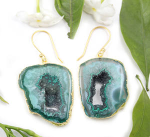 Moda étnica para mujer ágata geoda Druzy rebanada gota pendiente oro galvanizado forma elegante joyería al por mayor India principal latón - Product Image 1