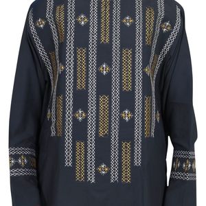 Traje Tradicional Afgano para Hombre, Bordado Geométrico Azul Grisáceo, Perahan Tunban, Ropa Islámica Masculina, Traje Cultural Pashtún - Product Image 3
