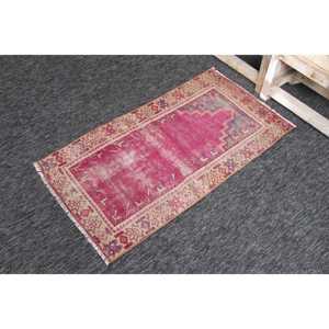 Vintage Turkish Small Rug 2x3.7 ft, Pink <b>Yellow</b> Geometric <b>Wool</b> Rug - Product Image 2