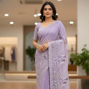 Sari indien en soie douce et croquante avec de multiples broderies sur toute la surface et une belle bordure en point de croix pour femmes adultes - Product Image 1