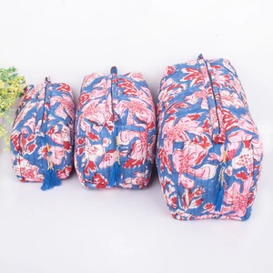 Indian Cotton Multi Floral Hand Block Print Water Resistant Eco-Friendly Vintage <b>Large</b> Zipper <b>Bag</b> Travel <b>Bag</b> Make Pouch Shaving - Product Image 1