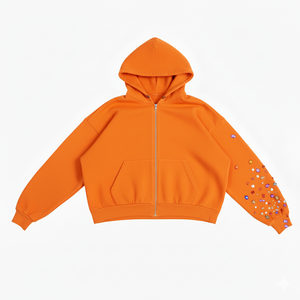 Sudadera con Capucha Personalizada de Invierno, Estilo Urbano, Lavado Ácido, Cierre de Cremallera, Diseño Desgastado, Estampado Digital con Pedrería, para Hombre y Unisex - Product Image 3