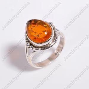 Bague de fiançailles élégante classique en argent Sterling 925 avec coupe poire pour femme, ambre de la Baltique, cadeau de réglage de lunette - Product Image 2