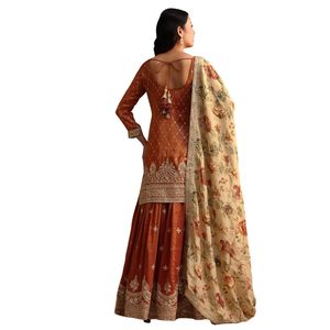Vestito Palazzo ricamato marrone e oro con Dupatta all'ingrosso donna abbigliamento etnico OEM fornitore di fabbrica vestito personalizzato - Product Image 5