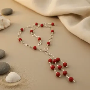 Collier de mode pour femme, perles argentées, pierre rouge, chaîne dorée, tendance, religieux, pour les fêtes, cadeaux, laiton, jade avec perles - Product Image 1