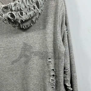 Sudadera con capucha negra lavada desgastada para hombre, Jersey rasgado de gran tamaño personalizado, ropa de calle de lana, sudadera con dobladillo crudo, Etiqueta Privada - Product Image 5