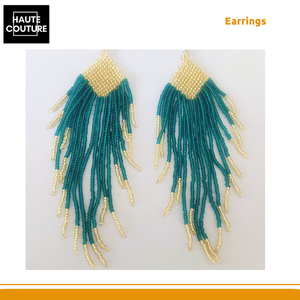 Pendientes Largos con Cuentas Doradas y Verdes de 11 cm, Bordados a Mano, para Bodas y Fiestas, Hechos en India - Product Image 5