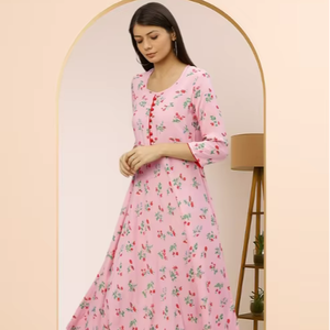 Robe Anarkali Kurta pour femmes en rayonne à imprimé floral, longueur mollet, col rond, manches trois quarts, élégante, tenue traditionnelle ethnique, rose - Product Image 1