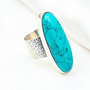 Classical Women's Bezel Setting Turquoise Gemstone 925 Sterling <b>Silver</b> Rhodium Boho Style <b>Wedding</b> Ring for Party Handmade Gift - Product Image 3
