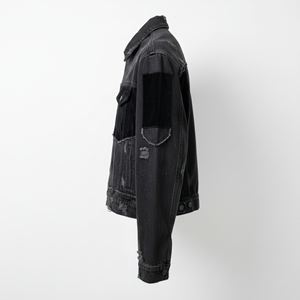 Veste en jean personnalisée 14 oz avec panneau en velours, broderie effet vieilli, coupe droite, longueur classique, style streetwear, coupe ample, coupe-vent, écologique, col rabattu - Product Image 3