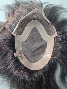 Taz Hair BD Fusion Perruque toupet en cheveux humains Remy à trame nouée à la main, base en dentelle frontale, couleur mixte 1B, patchs capillaires gris, prothèse capillaire - Product Image 3