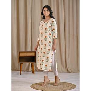 Kurti Recto de Algodón y Yute con Estampado de Bloques Color Mostaza Blanca, Estilo Casual con Cintura Natural y Característica Transpirable - Product Image 5