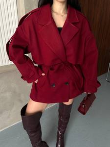 Manteau trench en tissu brossé rouge avec ceinture, double boutonnage, col chemise, manches longues, automne, décontracté, réversible, coupe-vent - Product Image 5