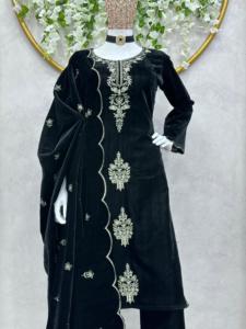 Top noir à porter pour la fête-Dupatta et entièrement bas en velours lourd cousu Salwar Kameez - Product Image 6