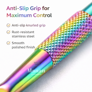 ชุดดันหนังกำพร้าสแตนเลสสีรุ้ง 3 ชิ้น ที่ทำความสะอาดเล็บแบบสองด้าน ปลายแบนและปลายช้อน อุปกรณ์ทำเล็บมือและเล็บเท้า ผู้ผลิต OEM ขายส่ง - Product Image 2