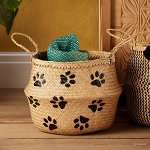 Eco-Friendly Durable Natural Seagrass Round Belly <b>Basket</b> Kid <b>Storage</b> <b>Basket</b> With Black Paw for <b>Storage</b> <b>Toy</b> Hamper for Kid Room - Product Image 1