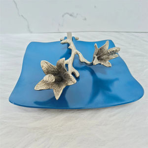 Plateau décoratif bleu de luxe avec accent de branche florale argentée Plateau en métal élégant pour table à manger Centre de table Salon - Product Image 4