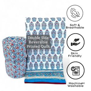 Premium Jaipuri coton bio lit Double couette ensemble King Size réversible Floral bleu et blanc Design bloc imprimé doux et confortable - Product Image 3