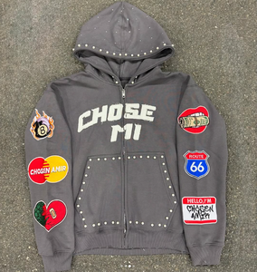 OEM personnalisé meilleure qualité strass sweat à capuche zippé avec broderie patch lourd 100% coton 450GSM sweat à capuche respirant zippé. - Product Image 4