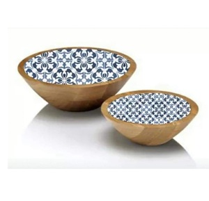Accueil Hôtel Cuisine Nourriture Sauver Bol en bois décoratif Table à dîner Bol en bois Bol de service avec travail en émail. - Product Image 1