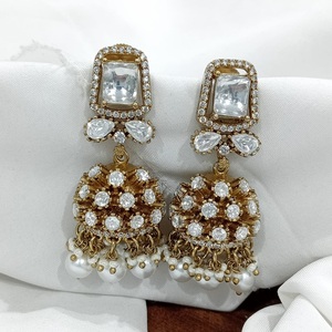 Women's Festive Wear Gold Plated American <b>Diamond</b> Jhumka <b>Earrings</b> Handcrafted Temple Jewellery with <b>Pearl</b> Wedding Gifts - Product Image 1